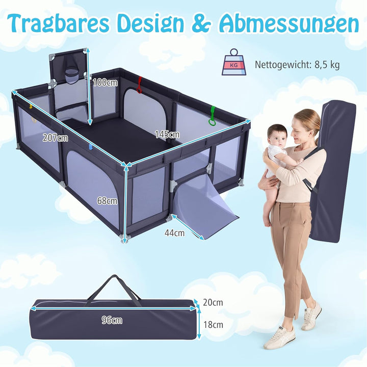 DREAMADE Laufstall baby, Laufgitter mit Matratze & Basketballkorb & Zugring, Schutzgitter mit Rutsch