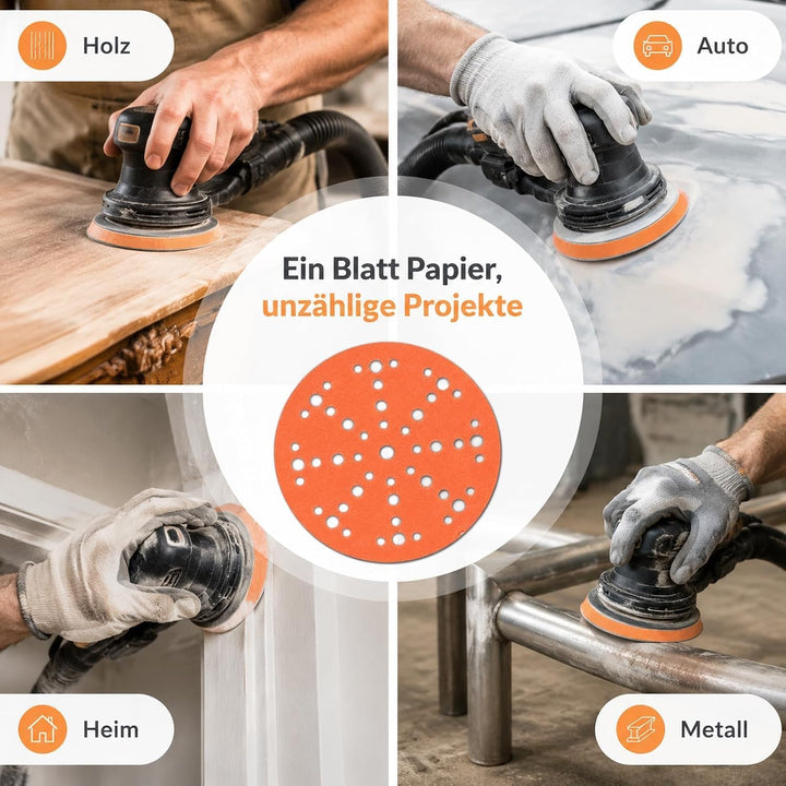 Papier Schleifscheiben 150mm Klett Orange 49-Loch K800 Holz/Auto | Langlebige Schleifscheiben mit Pa