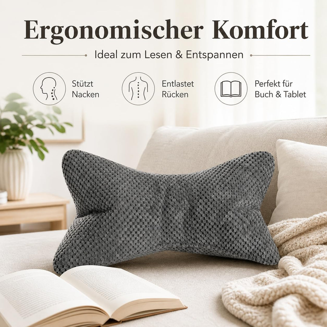 ReWu Leseknochen Mittelgrau 41,6 x 25 x 16 cm | Ergonomisches Stützkissen mit weicher Struktur, Form