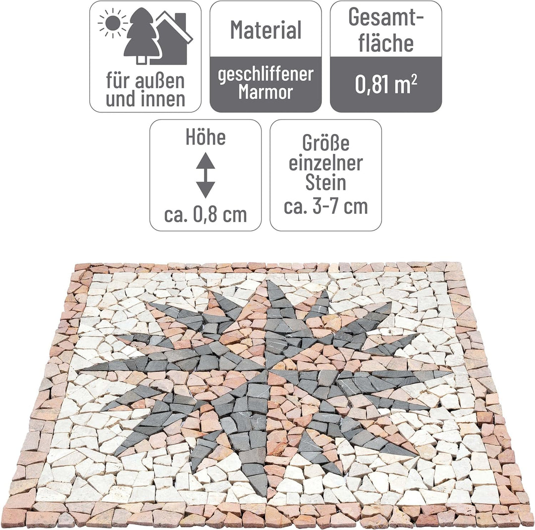 DIVERO Fliesen Rosone Windrose Naturstein Mosaik Marmor dekorativ creme-grau- rosé 90 x 90 cm Fliese