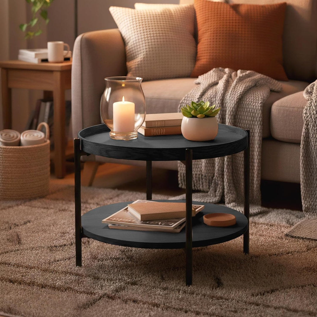 CLP Couchtisch rund Holz Corbitan, Sofatisch 2 Ebenen mit Stauraum, Beistelltisch klein Metallgestel
