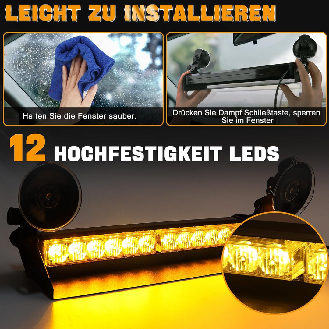ROUTEKING Frontblitzer Warnleuchte 12 LED - 35.6cm 9 Blinkmodi Blitzleuchte, 2 Saugnäpfe Hohe Intens
