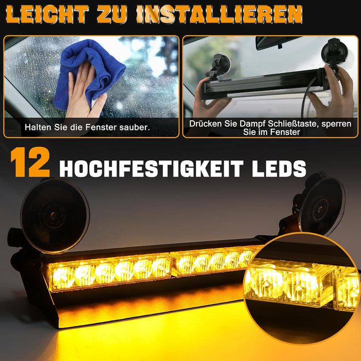 ROUTEKING Frontblitzer Warnleuchte 12 LED - 35.6cm 9 Blinkmodi Blitzleuchte, 2 Saugnäpfe Hohe Intens