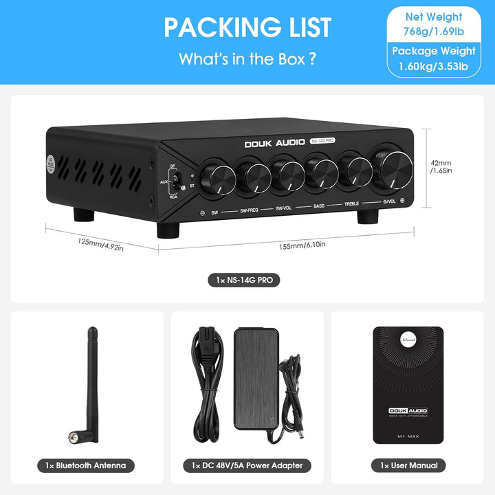 DoukAudio 2.1 Kanal Verstärker mit Bluetooth: Dual-TPA3255 Chips, aptX-HD, 300W Subwoofer & 48V Netz
