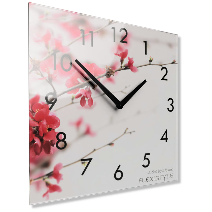 FLEXISTYLE Wanduhr küche Wohnzimmer 30 x 30 cm, aus Glas, mit Direktdruck eckig modern (BLÜHENDER St