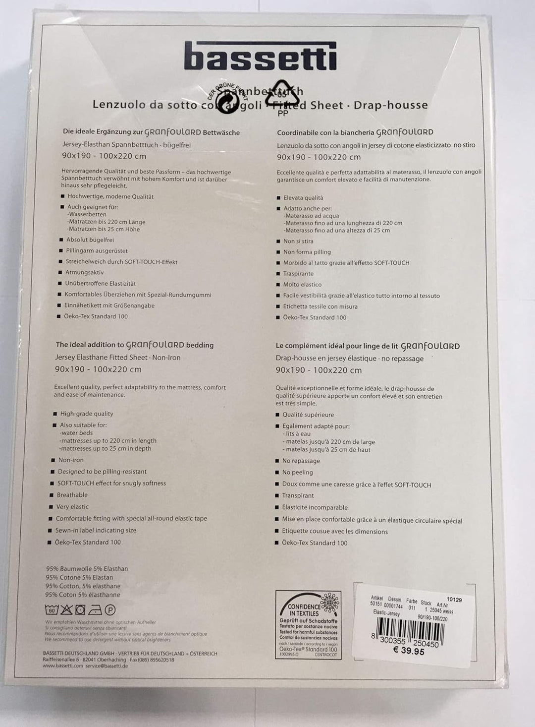 Bassetti Spannbettlaken 011 Weiss Baumwolle/Elastan, Masse: 90cm x 190cm, 100cm x 220cm, 9225045 90c