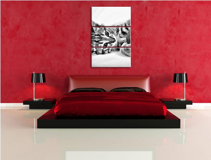 Pixxprint Kätzchen mit Wollknäuel als Leinwandbild/Grösse: 3 Teilig (120x80) cm/Wandbild/Kunstdruck/