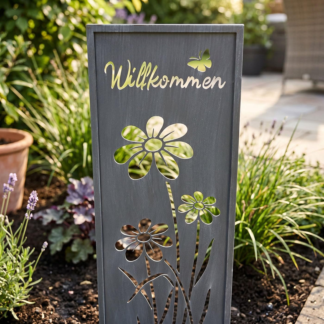 levandeo Gartenstecker Willkommen H83cm Stele Grau Betonoptik Gartenschild Schmetterling Garten-Deko