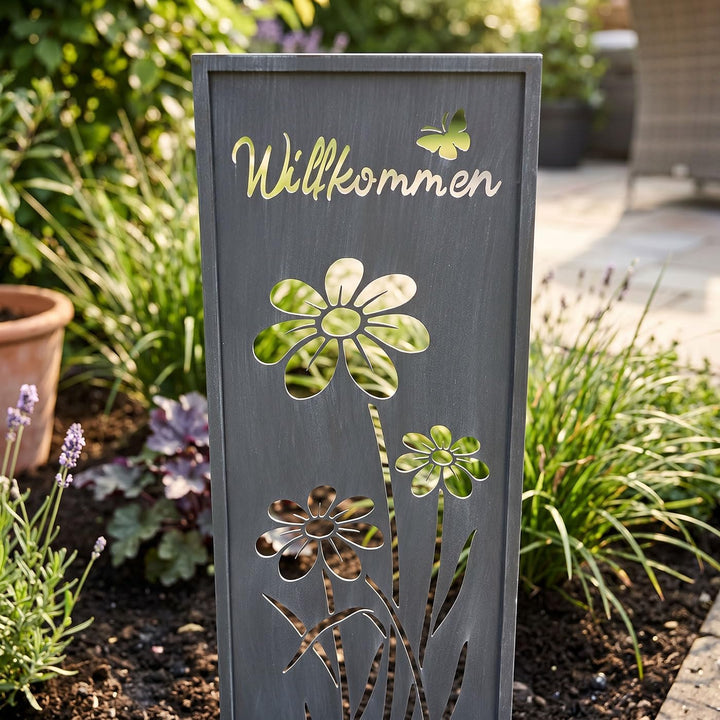 levandeo Gartenstecker Willkommen H83cm Stele Grau Betonoptik Gartenschild Schmetterling Garten-Deko