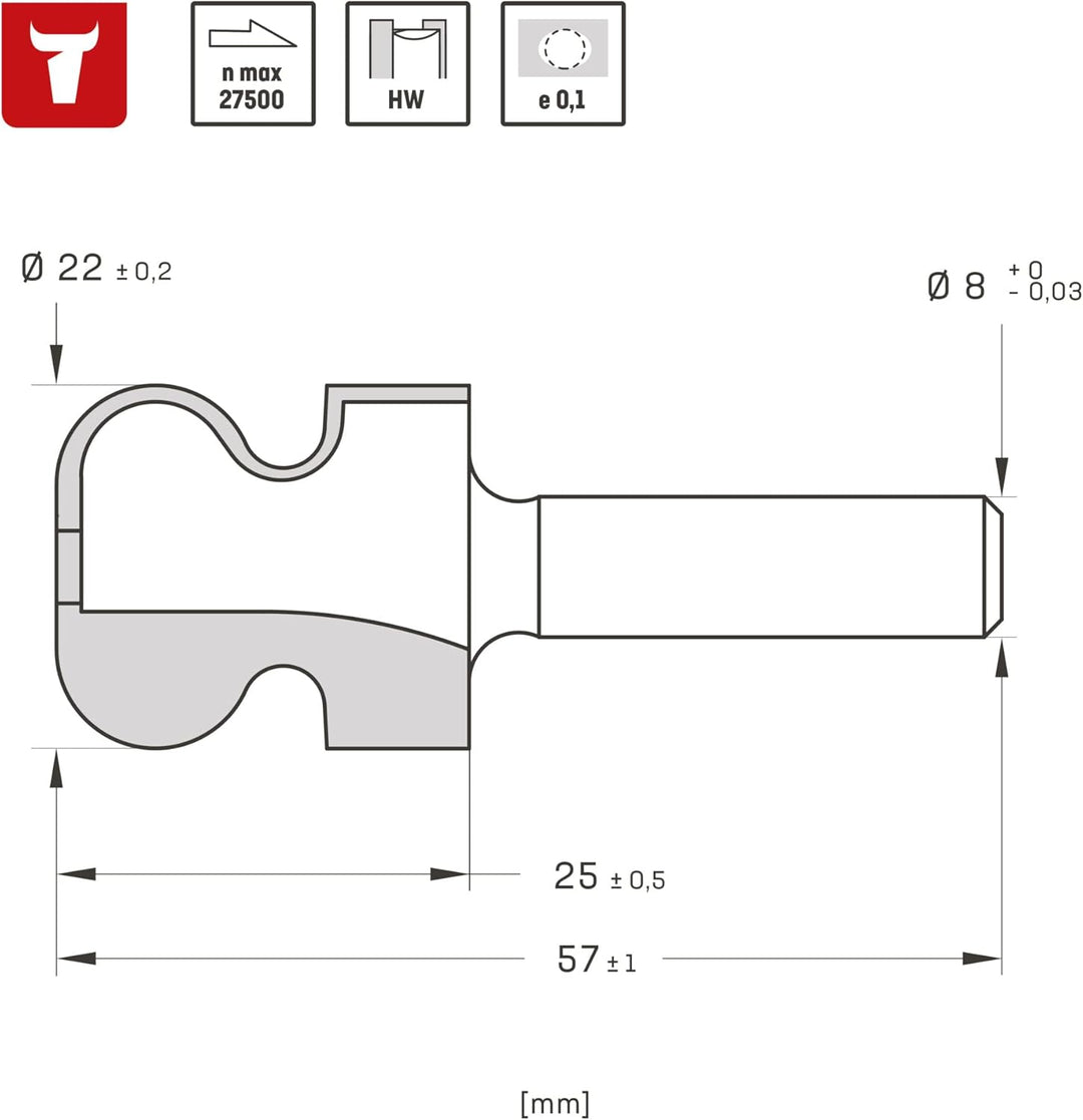 STIER Griffleistenfräser HW 8 mm Durchmesser 22-16 R2,5/6