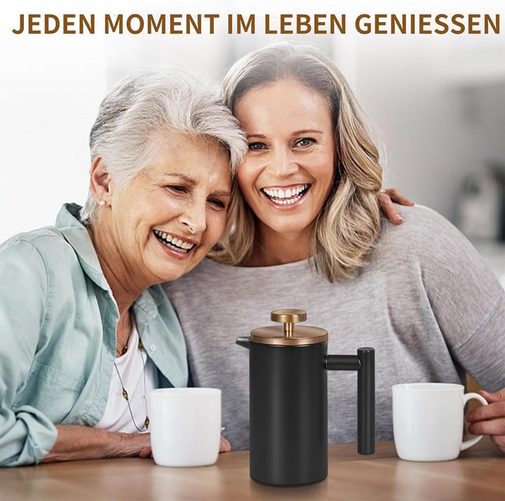 Schwarze Mini French Press Kaffeebereiter 350ml, Einzelne Tasse French Press mit Rose Gold Deckel (1
