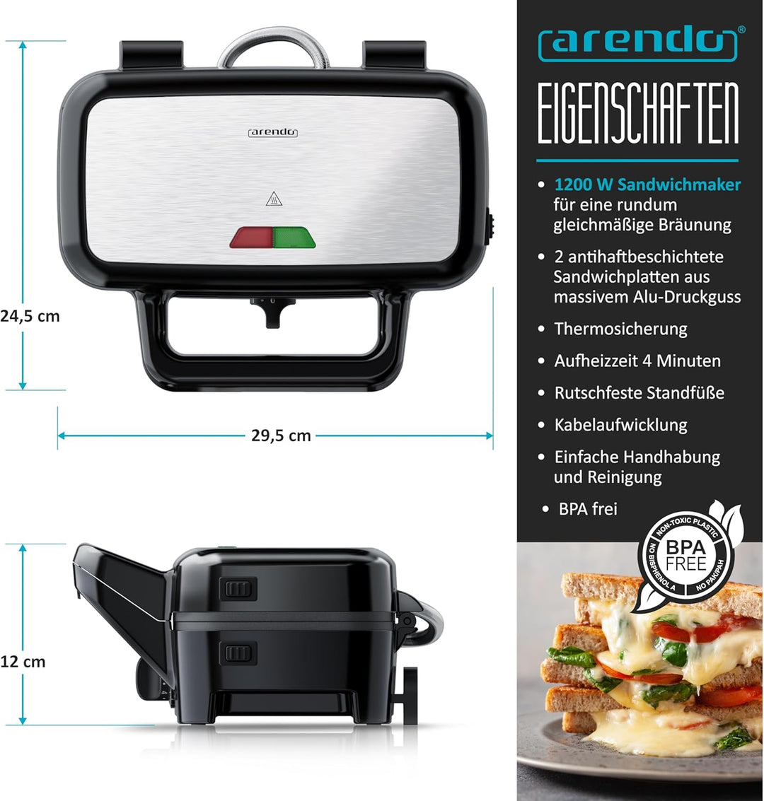 Arendo - Sandwichmaker 1200 W mit Antihaftbeschichtung - mit abnehmbaren Platten - spülmaschinentaug