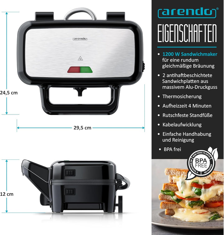 Arendo - Sandwichmaker 1200 W mit Antihaftbeschichtung - mit abnehmbaren Platten - spülmaschinentaug