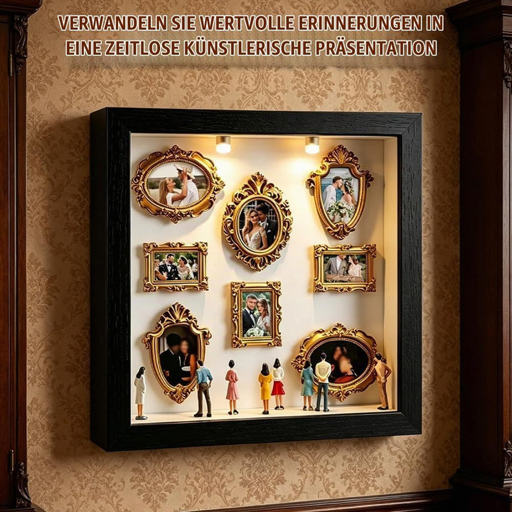 DIY Mini Museum Shadow Box mit LED Licht - Mini Bilderrahmen Vintage Set mit 8 Gold Rahmen &amp; 8 Figur