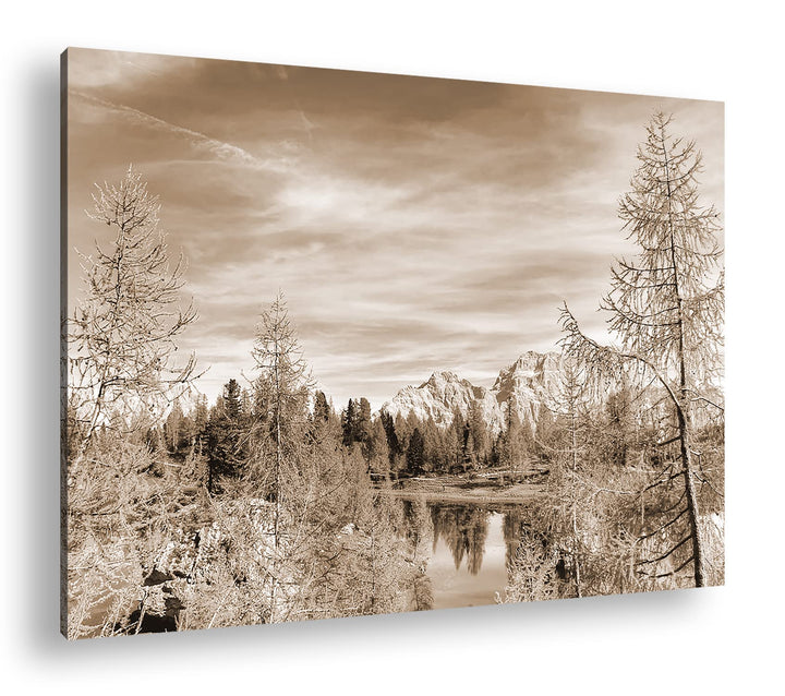 Herbstliche Berglandschaft der Dolomiten Format: 80x60 als Leinwand, Effekt: Sepia, Motiv fertig ger