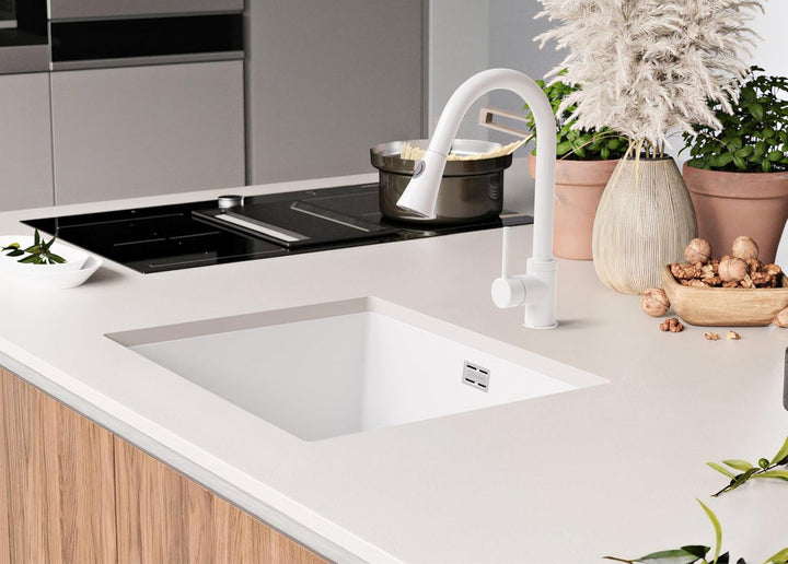 Unterbauspüle Weiss 56 x 47 cm, Granitspüle + Siphon Klassisch + Küchenarmatur, Spülbecken ab 60er U