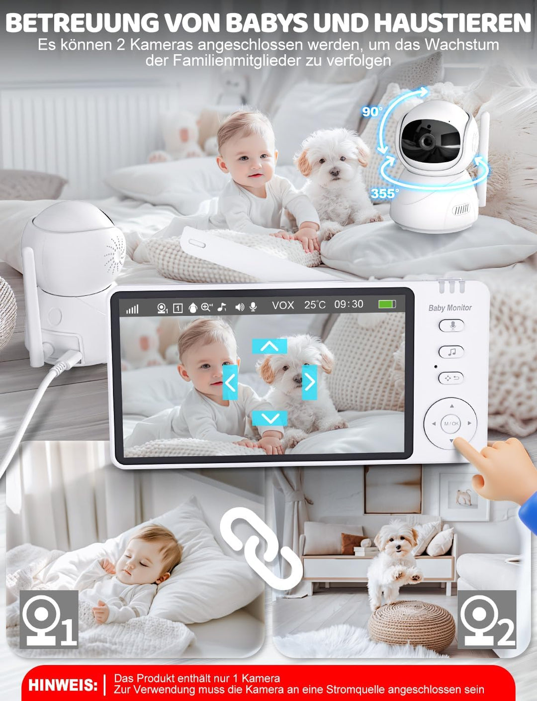 BURNNOVE Babyphone mit Kamera ohne WLAN, 5 Zoll IPS 720P Video Babyphone, Baby Monitor mit Nachtsich