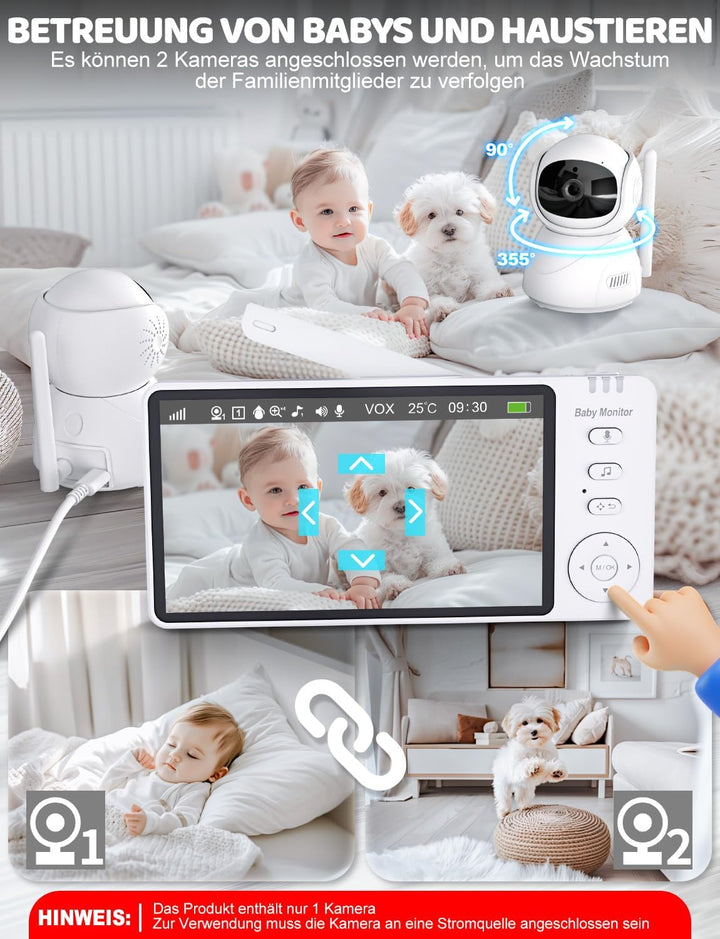BURNNOVE Babyphone mit Kamera ohne WLAN, 5 Zoll IPS 720P Video Babyphone, Baby Monitor mit Nachtsich