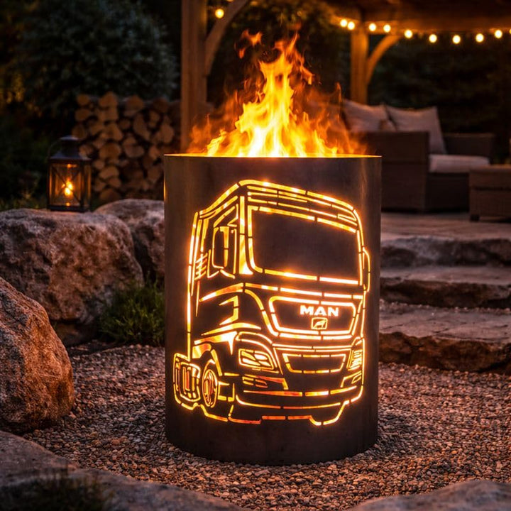 TiKo-Design® Feuertonne Man Truck Motiv – Feuerkorb aus Stahl mit LKW-Design – Handgefertigte Garten