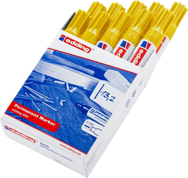 edding 500 Permanentmarker - gelb - 10 Stifte - Keil-Spitze 2-7 mm - wasserfest, schnell-trocknend -