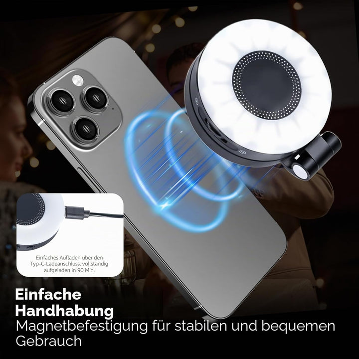 Magnetisches Selfie Licht Handy, Handylicht mit 3 Farbtemperaturen 2500k-9000k, 360° LED Ringlicht H