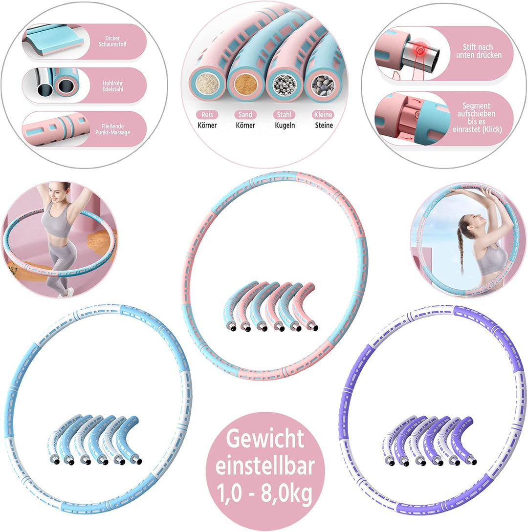 Gymnastikreifen Fitness Hoop 90cm Gewicht einstellbar 1-8kg Edelstahl Schaumstoff Blau-Weiss, Blau-W