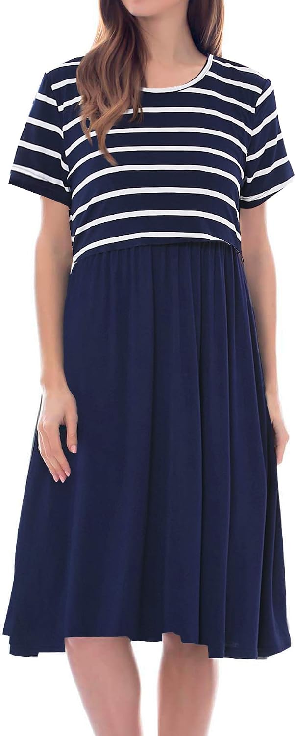 Smallshow Damen Lässiges Kurzarm Stillkleid Umstandskleid für Stillen Marine Streifen-marine M, Mari