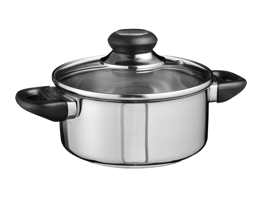 Edelstahl Kochtopf mit Glas Deckel und Messskala - 16 cm - Braten Topf mit Dunstloch für alle Herdar