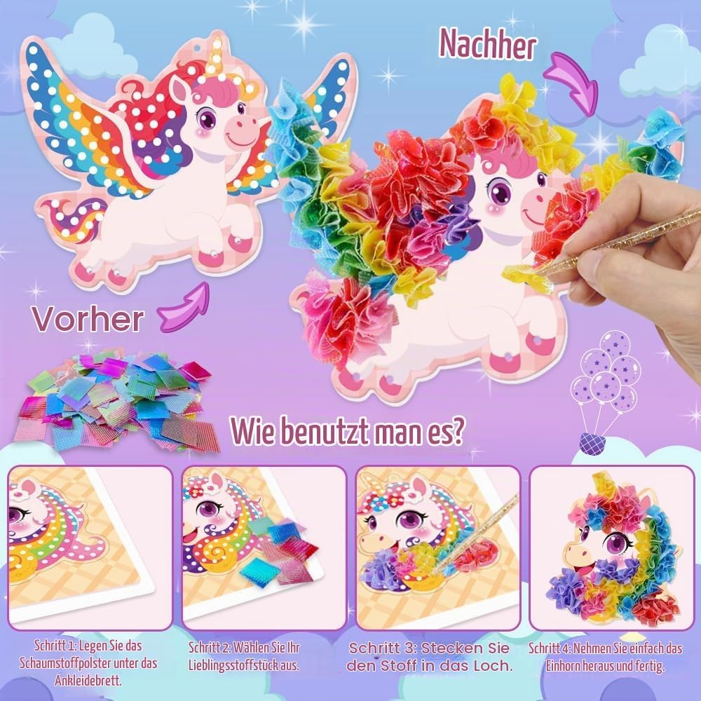 JOYVOVO Poke Art Bastelset Mädchen ab 6 Jahre, Einhorn DIY Kreativset mit 9 Mustern &amp; 600+ Stoffen,