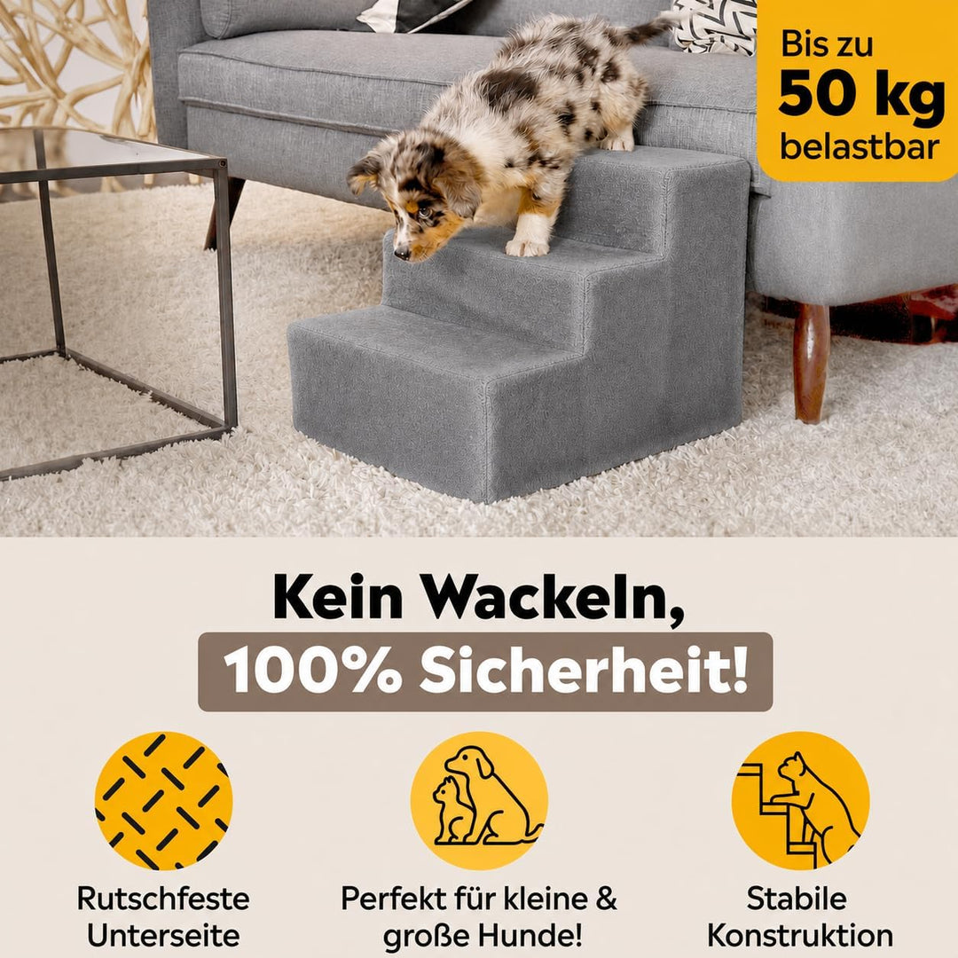 lionto Haustiertreppe mit Plüschbezug, 46x36x34 cm, robuste Hundetreppe mit niedriger Stufenhöhe von