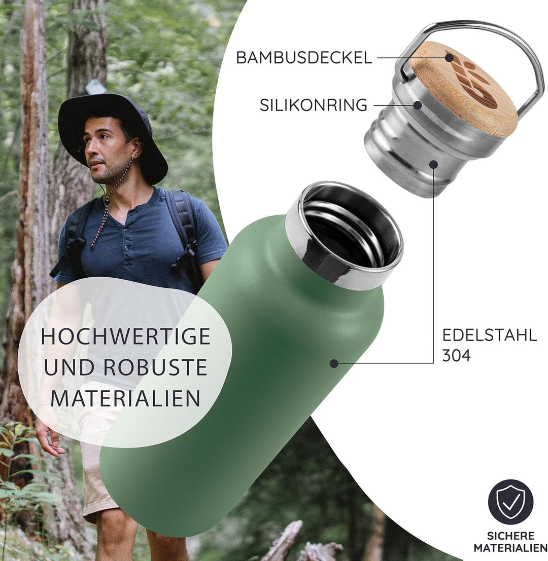 Bambaw Wasserflasche Isoliert 350 ml, Thermosflasche Grün, Edelstahl Trinkflasche Kinder, Trinkflasc
