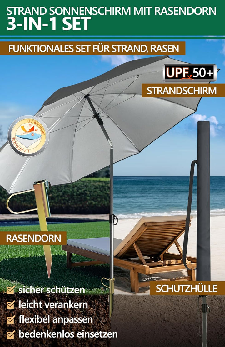 4smile Sonnenschirm Strand SunnyJoy Modern im 3er-Set, Anthrazit - Strandschirm windfest stabil 160
