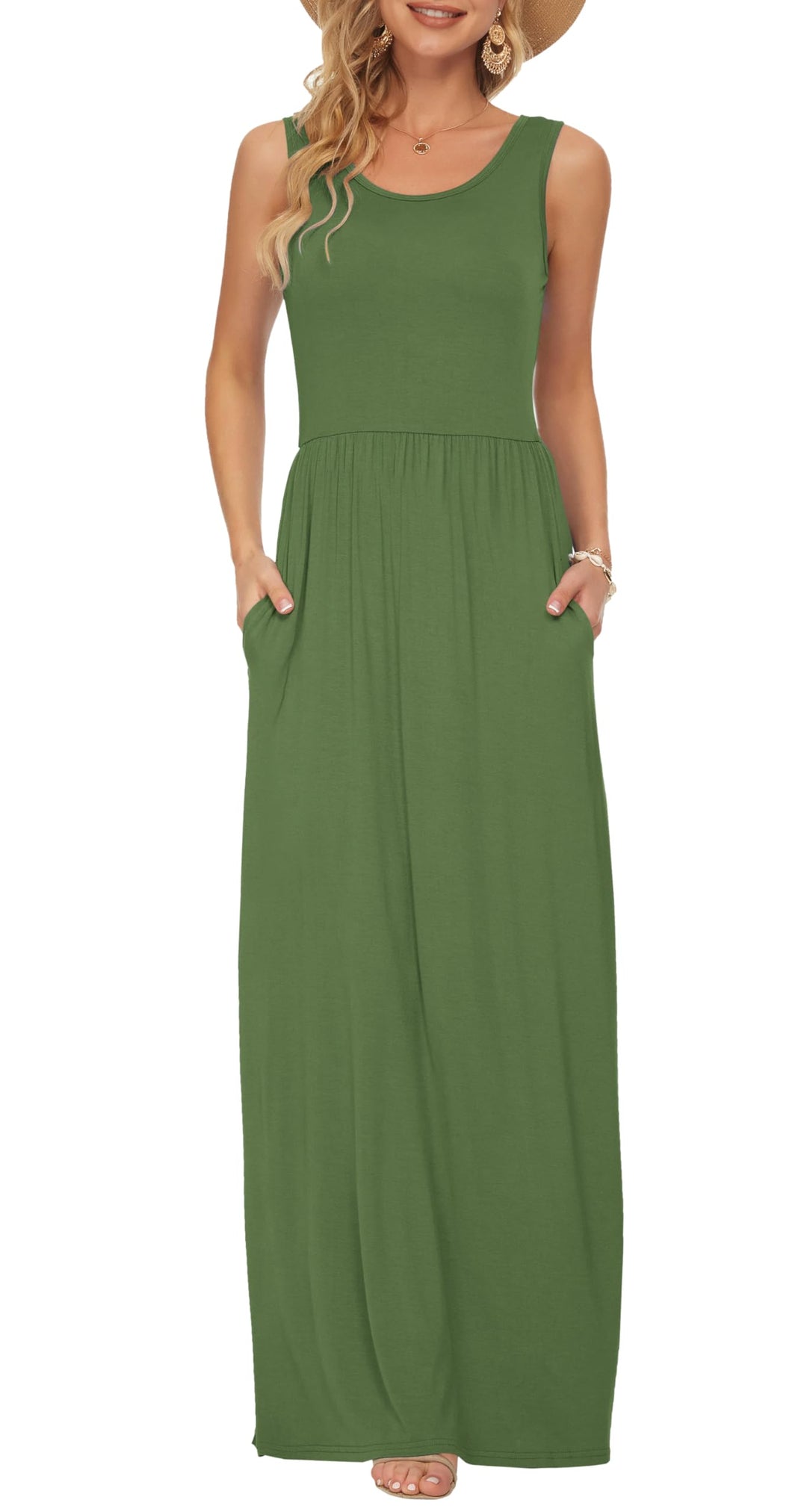 AUSELILY Damen Sommer Ärmelloses, lockeres Maxikleid Lässiges, langes Kleid mit Taschen Armee Grün M
