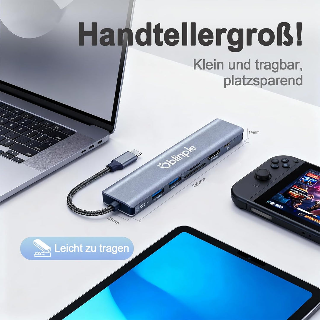 7 in 1 USB C Hub Gigabit Ethernet Adapter mit 4K@60Hz HDMI LAN RJ45 PD100W 2*USB 3.0 SD/TF Kartenles