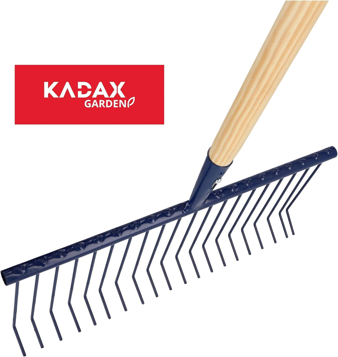 KADAX Rechen aus Stahldraht, breite Harke mit langem Stiel aus Holz, Langzahnrechen, federleichte Ga
