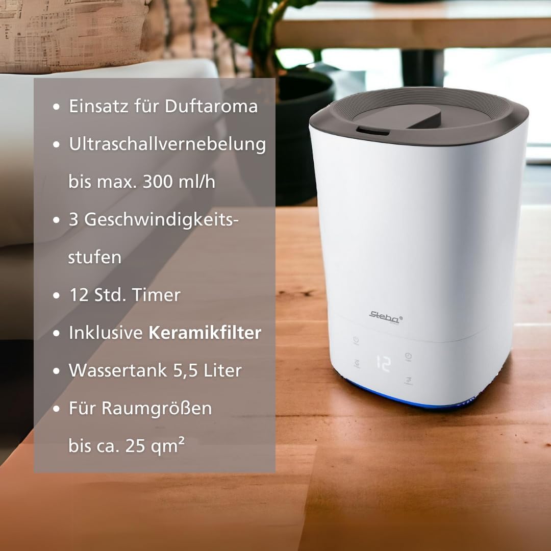 Steba Luftbefeuchter, Luftfeuchtigkeitsregelung 30% bis 90%, Wassertank 5,5 Liter, für Raumgrössen b