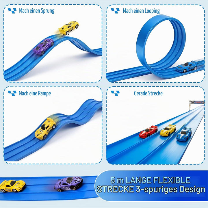 3-Spur Flexible Rennbahn Kinder, 5M Autorennbahn mit 6 Autos 3 Saugnäpfen, Flexible Autorennbahn Kin