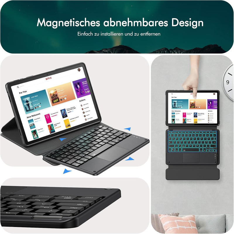 INFILAND für Samsung Galaxy Tab A9+/A9 Plus Hülle mit Tastatur [Hochpräzises Touchpad], 360° Drehbar