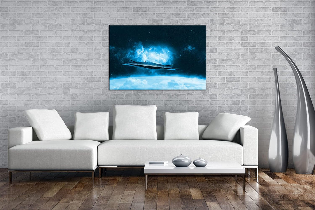 deyoli beeindruckendes Raumschiff im Universum Format: 80x60 Effekt: Monocrome Blau als Leinwand, Mo