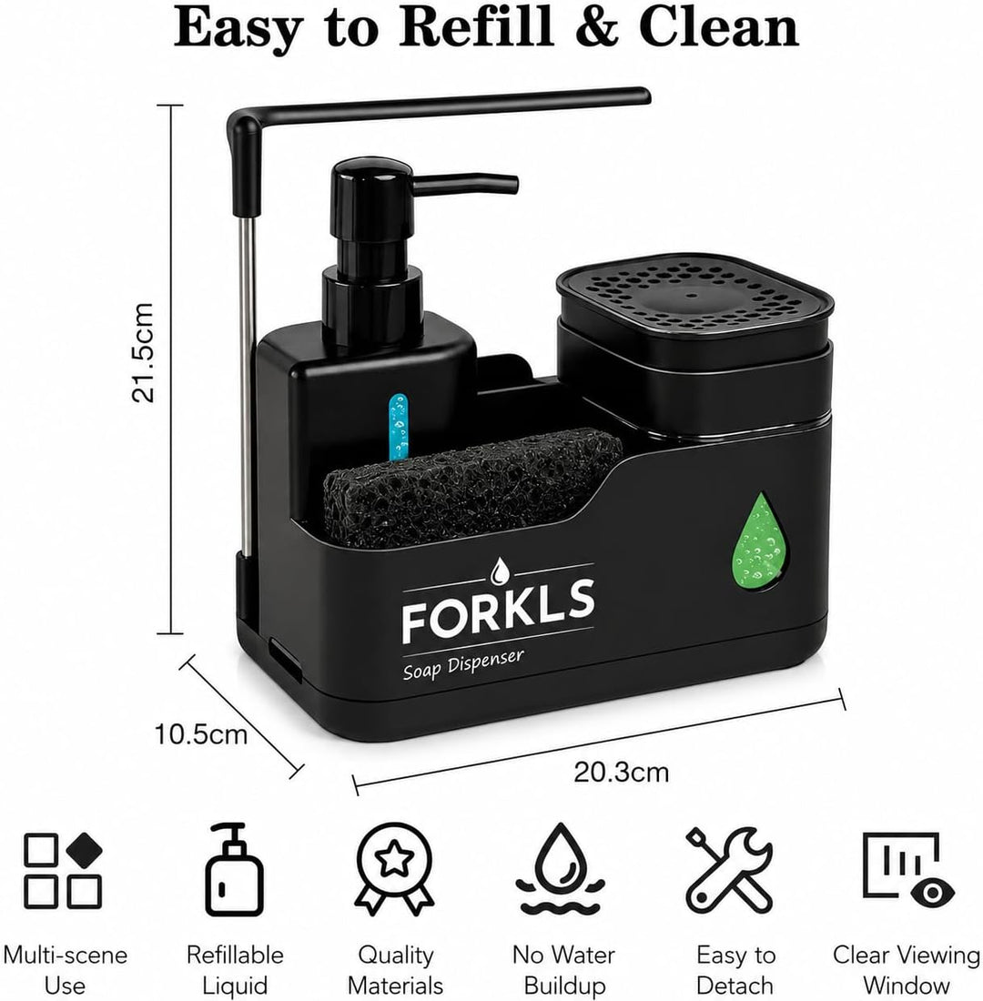 Kitchen Sink Soap Dispenser with Sponge Holder – 2-in-1 Dish Soap & Hand Wash Dispenser, Space-Savin