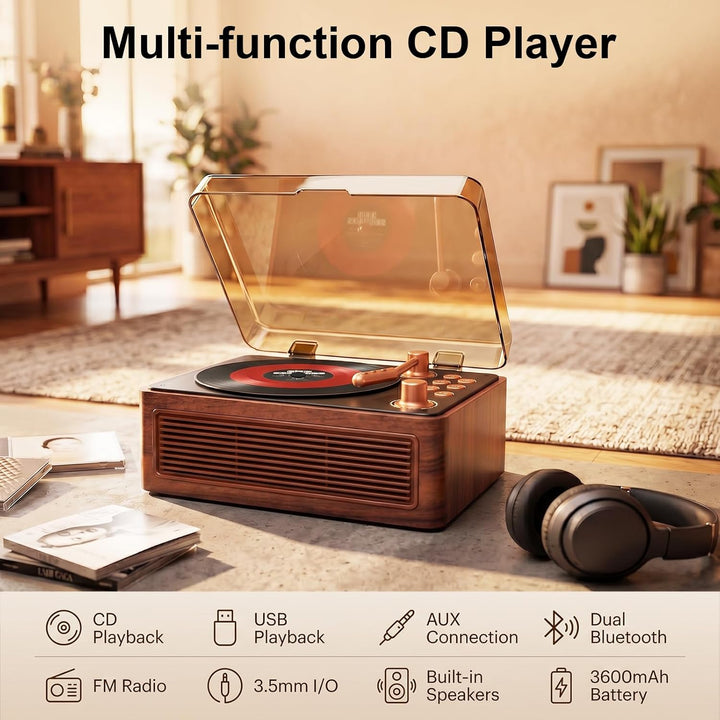 Gueray Tragbarer Bluetooth CD-Player mit Lautsprechern 3600mAh Wiederaufladbarer Vintage CD Spieler