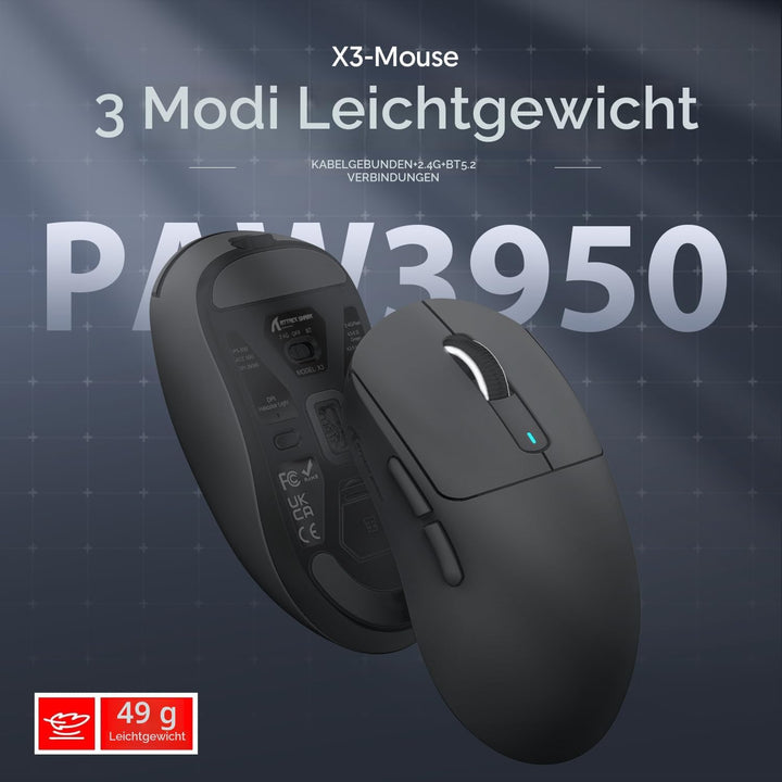 ATTACK SHARK X3MAX 49g SUPERLIGHT Mouse with Tape, PixArt PAW3950 Gaming Sensor, BT/2.4G Wireless/Wi