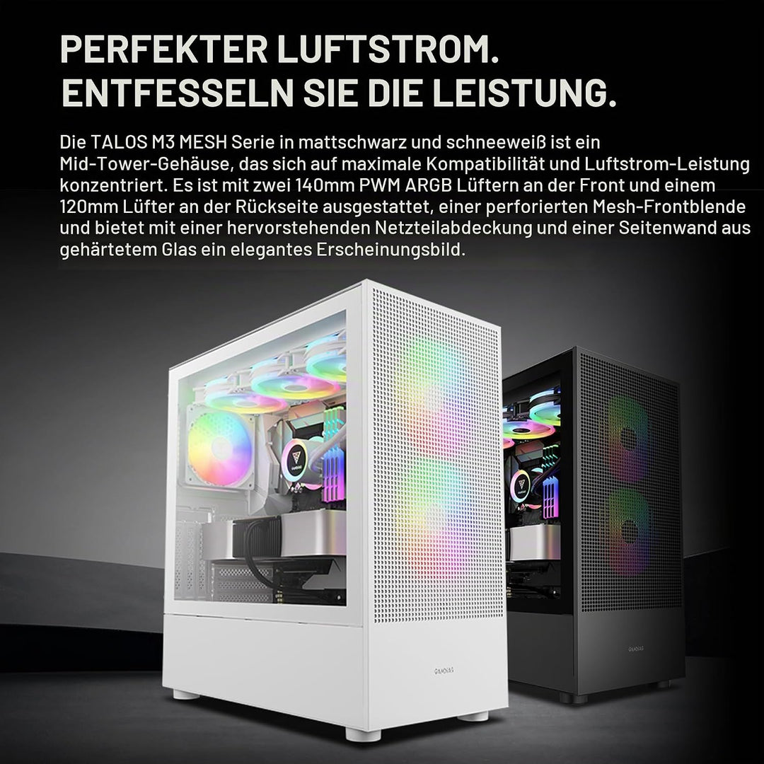 GAMDIAS TALOS M3 MESH ATX Gaming Midi-Tower PC-Gehäuse, Enthält 3 x 120mm ARGB PWM-Lüfter mit Lüfter