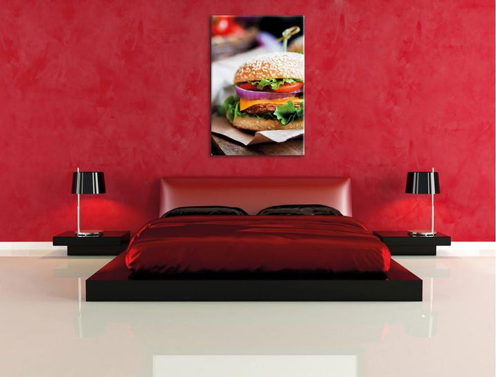 Pixxprint Burger und Pommes als Leinwandbild/Grösse: 100x70 / Wandbild/Kunstdruck/fertig bespannt, 1