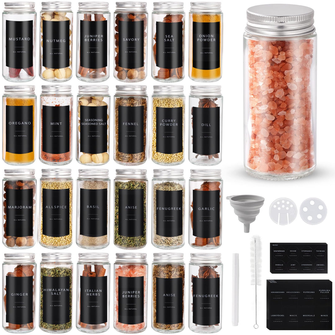 24er Gewürzgläser Rund Set mit Streueinsatz, 120ml Gewürzdosen Glas, Gewürzbehälter Spice Jars, Gewü