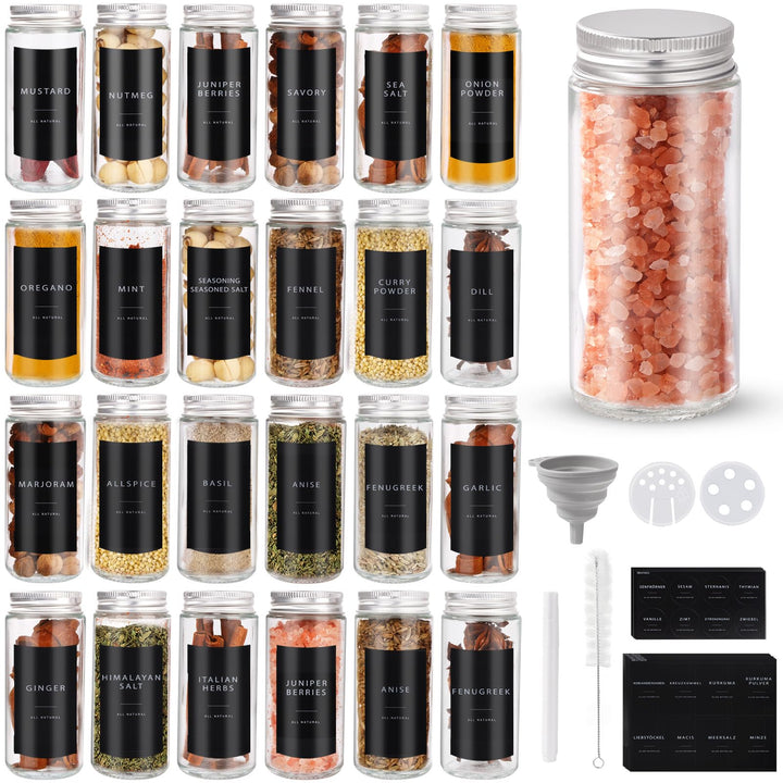 24er Gewürzgläser Rund Set mit Streueinsatz, 120ml Gewürzdosen Glas, Gewürzbehälter Spice Jars, Gewü