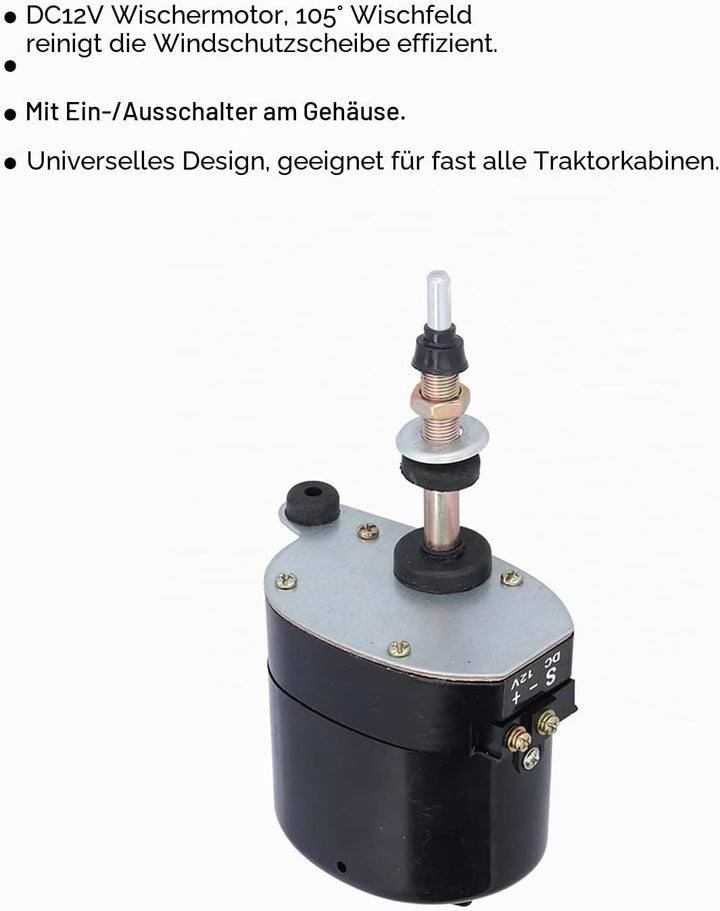 12V Wischermotor, 105° Wischfeld Traktor Scheibenwischermotor Auto Windschutzscheibe Scheibenwischer