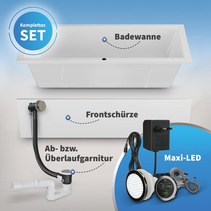 AQUADE Acryl Badewanne 180x80 Modell: Ulm - Weiss Badewanne Komplettset 180x80 - Badewannen mit Wann