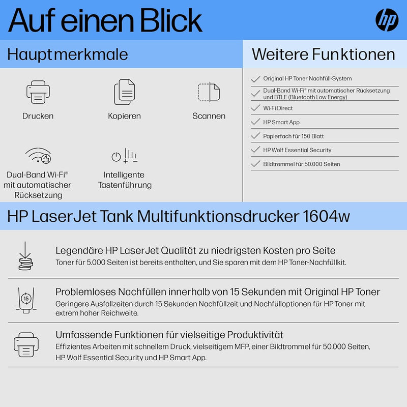 HP Laserjet Tank MFP 1604w Multifunktions-Laserdrucker (Drucker, Scanner, Kopierer) mit Dual-Band-Wi