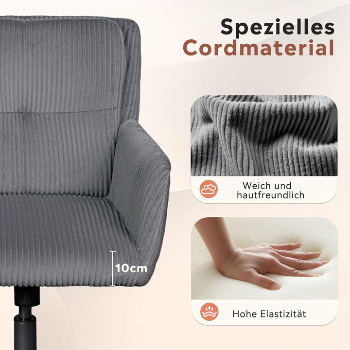 DEVAISE Homeoffice Stuhl Cord Stoff Dunkelgrau, Ergonomischer Schminktischstuhl mit Kissen, höhenver